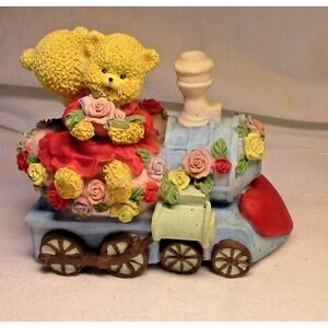 Country Cubs Love Teddy Bear Couple On Resin Train, Car And Plane 3 Pc Set~CUTE